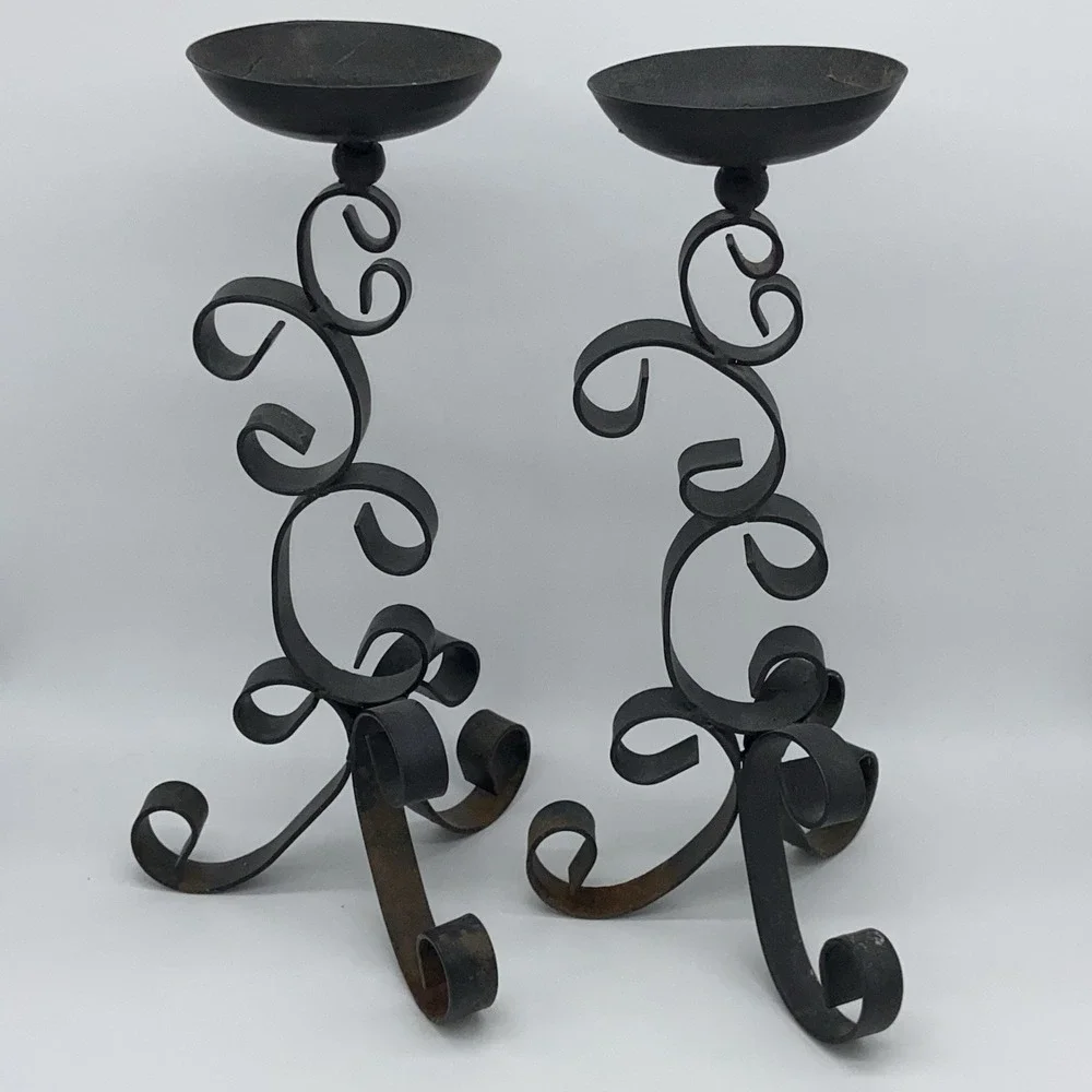 Black Wrought Iron‎ Candle Holders Set of two Black Swirl 13.5